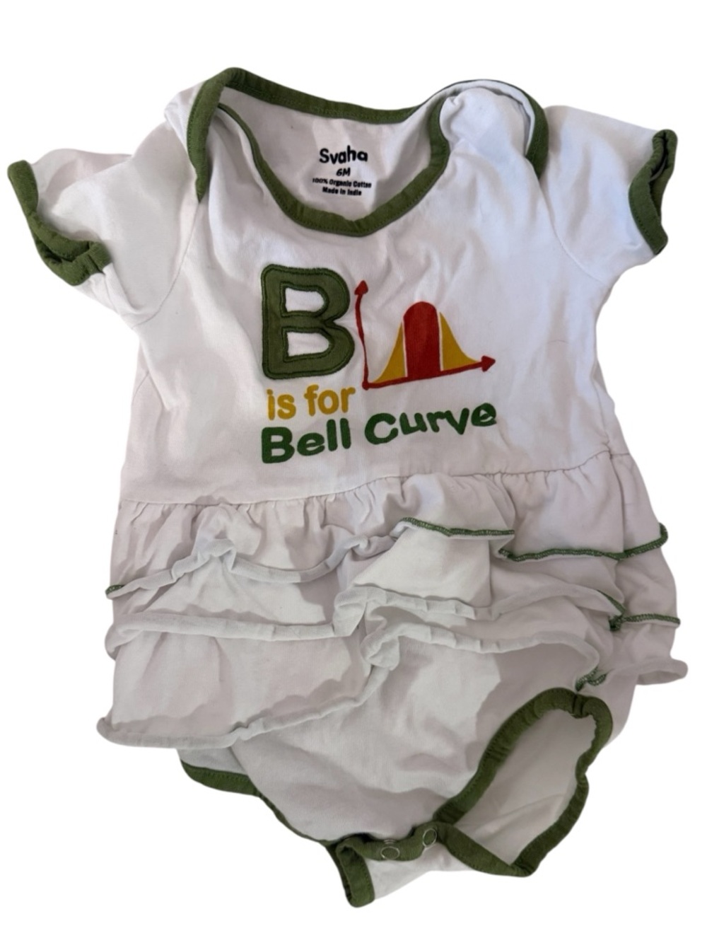 Svaha White and Green B is for Bell Curve Short Sleeve One Piece, size 6 Months